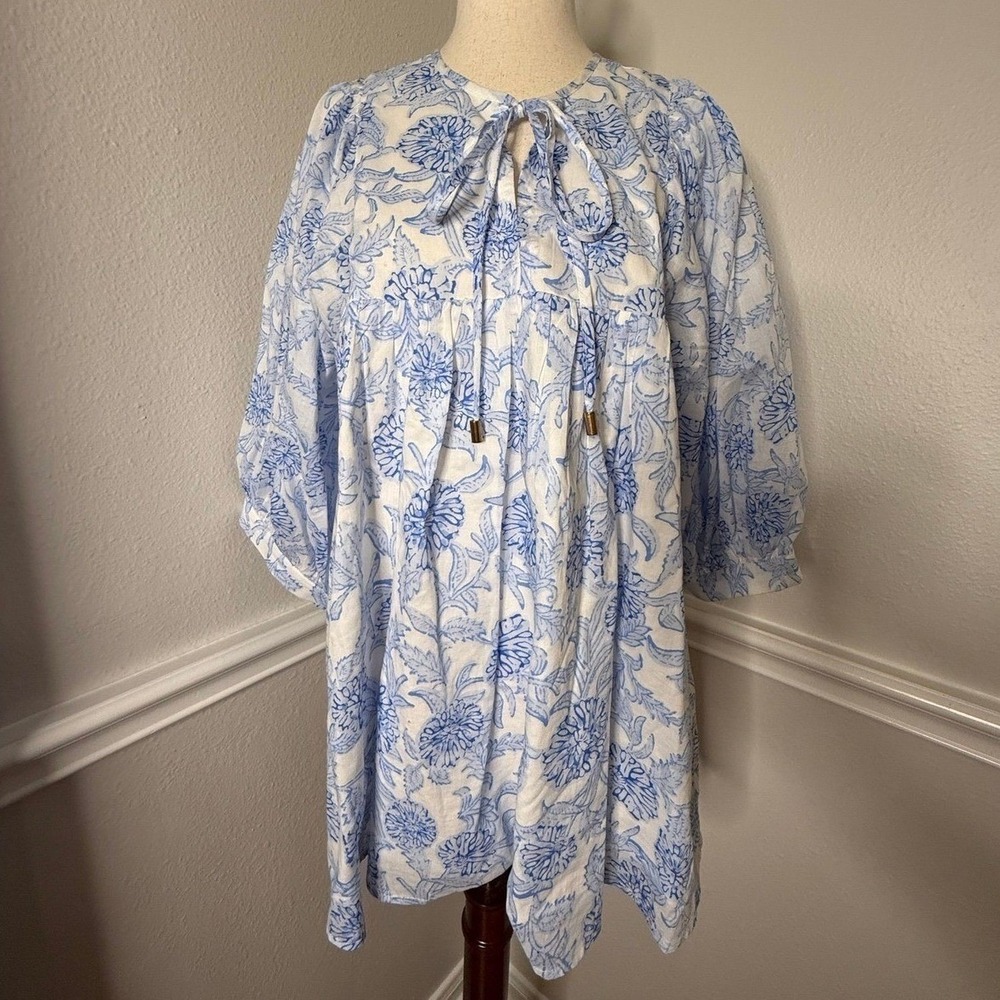 J. Marie Blue White Floral Toile Cotton Babydoll Mini Dress Tie Neck JM3455 M